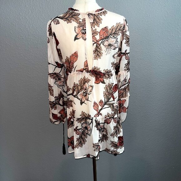 FOR LOVE and LEMONS Sheer Floral Ruffle Hem Tiered Sleeves Tassel Cuffs Dress S - Picture 6 of 12